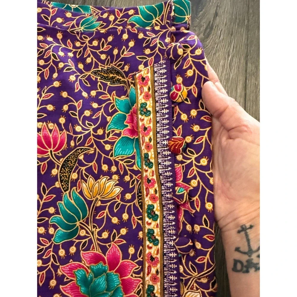 Emchit 5029 Batik Floral Wrap‎ Maxi Skirt Purple Cotton 28 Boho Ethnic Festival